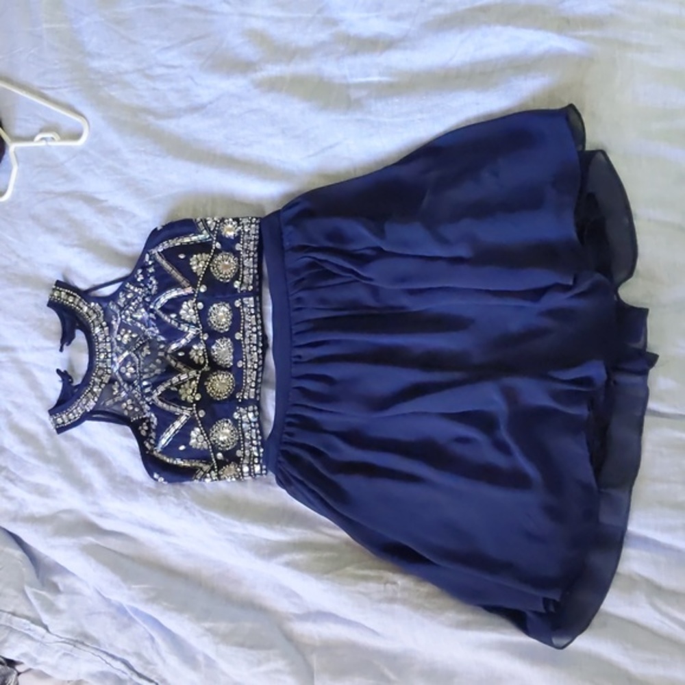 NAVY WITH WHITE GEMS 2 PIECE DRESS--3/4--